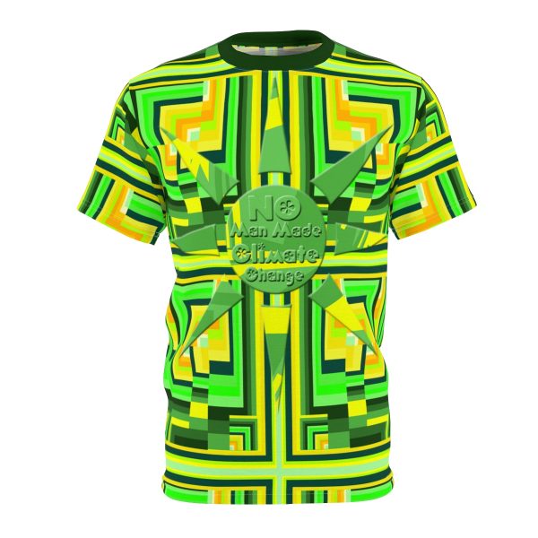 Unisex Cut and Sew Tee (AOP) - No Man Made Climate Change - Multi Green Geometric BG - Image 8