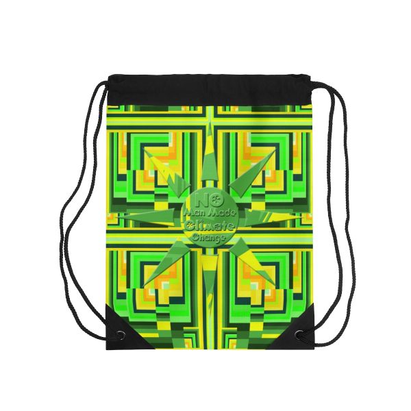 Drawstring Bag - No Man Made Climate Change - Multi Green Geometric BG - Image 2