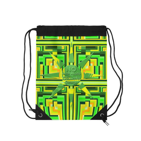 Drawstring Bag - No Man Made Climate Change - Multi Green Geometric BG - Image 3