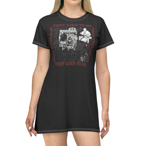 T-Shirt Dress (AOP) - They Lied To Us About Everything (Black BG)