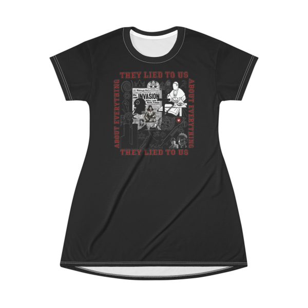 T-Shirt Dress (AOP) - They Lied To Us About Everything (Black BG) - Image 2