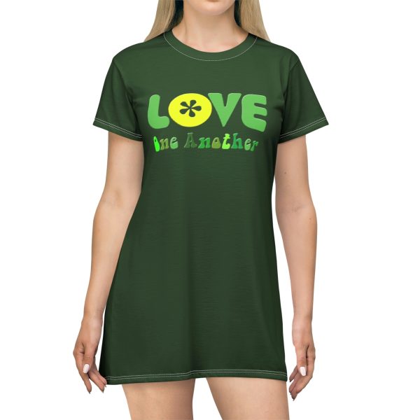 T-Shirt Dress (AOP) Love One Another Green (Dark Green BG)