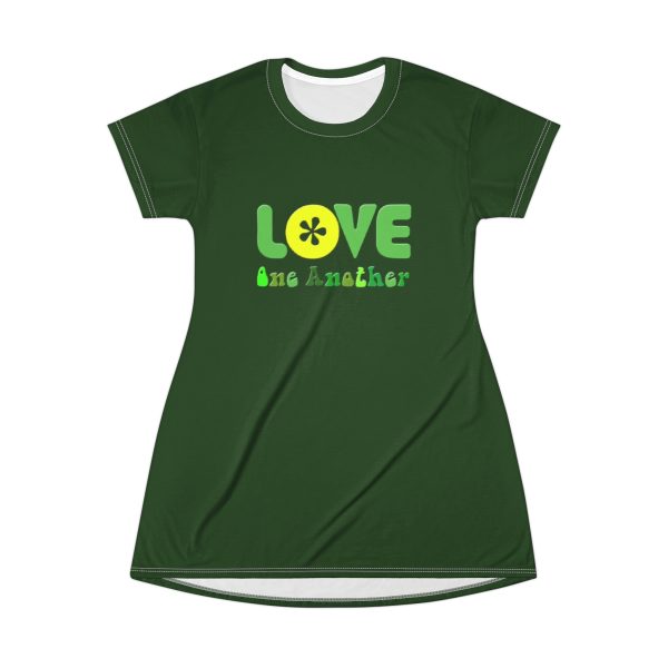 T-Shirt Dress (AOP) Love One Another Green (Dark Green BG) - Image 2