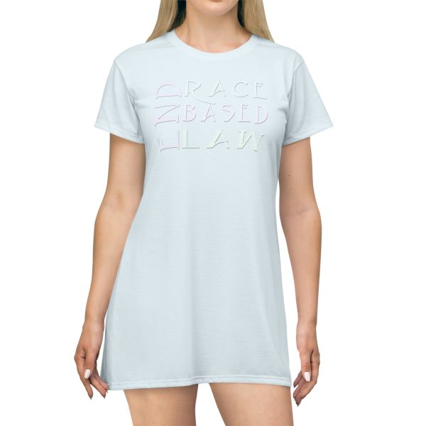 T-Shirt Dress (AOP) END RACE BASED LAW Tinted Whites (Font-2) (Pale Blue BG)