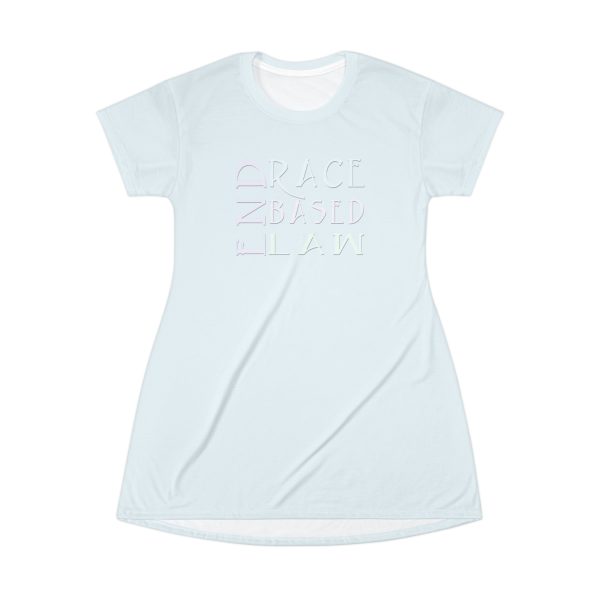 T-Shirt Dress (AOP) END RACE BASED LAW Tinted Whites (Font-2) (Pale Blue BG) - Image 2