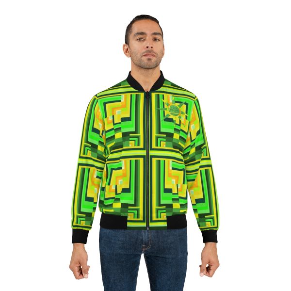 Men's Bomber Jacket (AOP) - No Man Made Climate Change - Multi Green Geometric BG