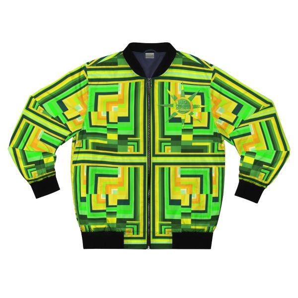 Men's Bomber Jacket (AOP) - No Man Made Climate Change - Multi Green Geometric BG - Image 2