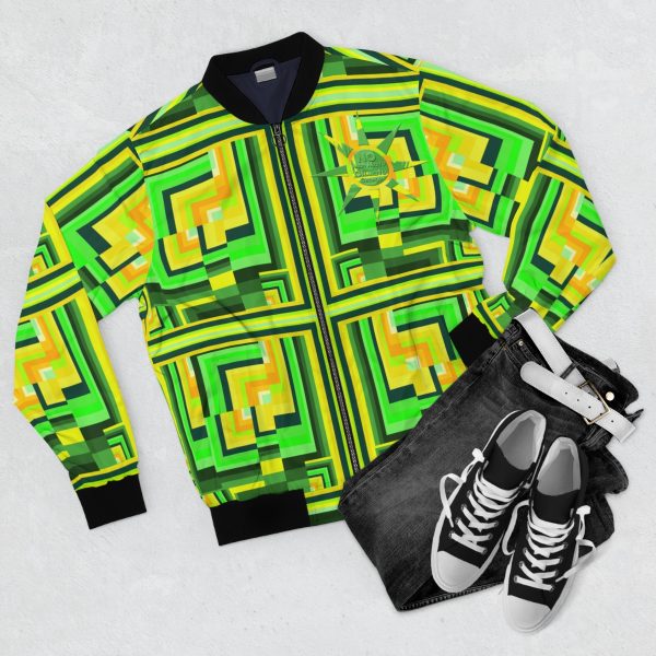 Men's Bomber Jacket (AOP) - No Man Made Climate Change - Multi Green Geometric BG - Image 4