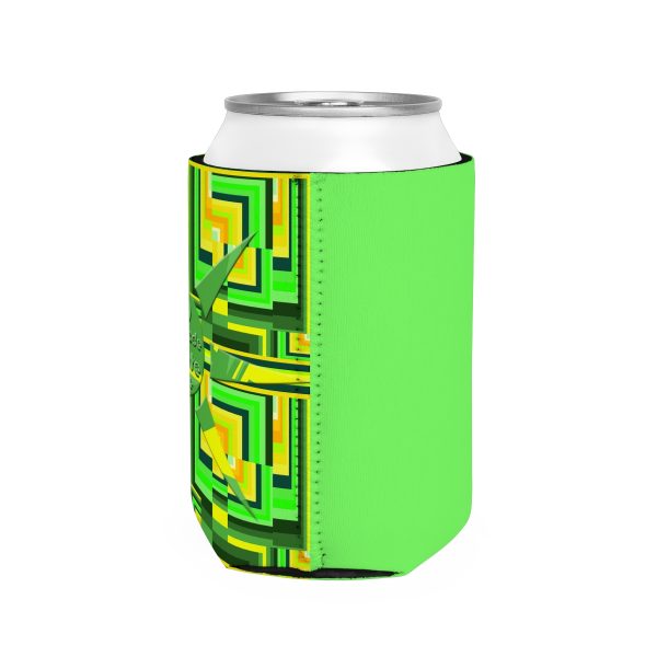 Can Cooler Sleeve - No Man Made Climate Change - Multi Green Geometric BG - Image 5