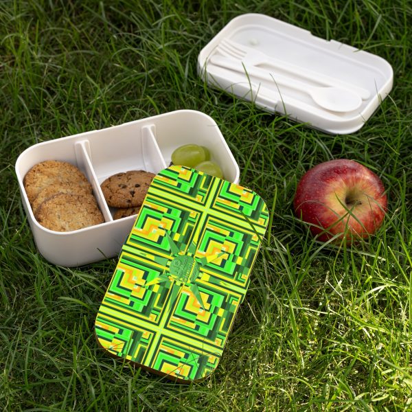 Bento Lunch Box - No Man Made Climate Change - Multi Green Geometric BG