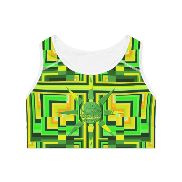 Sports Bra (AOP) - No Man Made Climate Change - Multi Green Geometric BG - Image 2