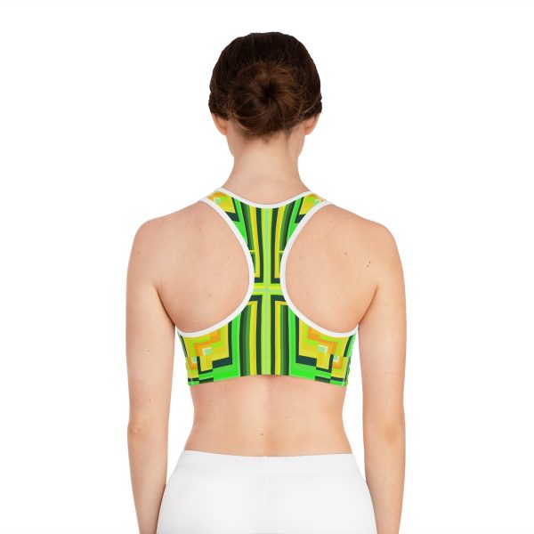 Sports Bra (AOP) - No Man Made Climate Change - Multi Green Geometric BG - Image 4