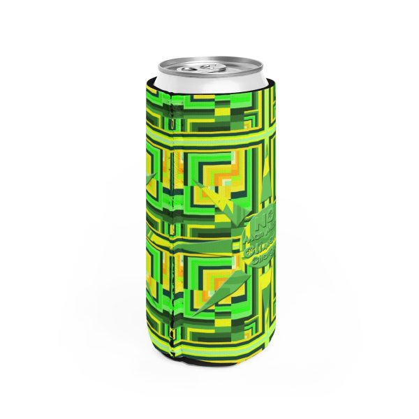 Slim Can Cooler - No Man Made Climate Change - Multi Green Geometric BG - Image 5