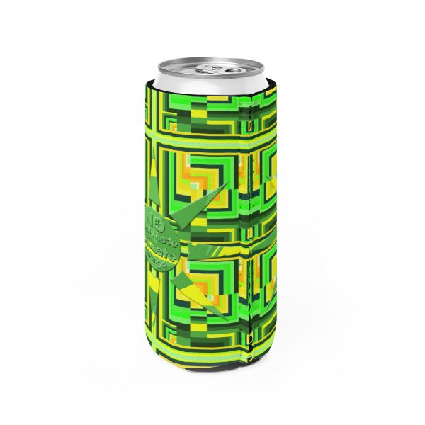 Slim Can Cooler - No Man Made Climate Change - Multi Green Geometric BG - Image 8