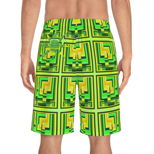 Men's Board Shorts (AOP) - No Man Made Climate Change - Multi Green Geometric BG - Image 20