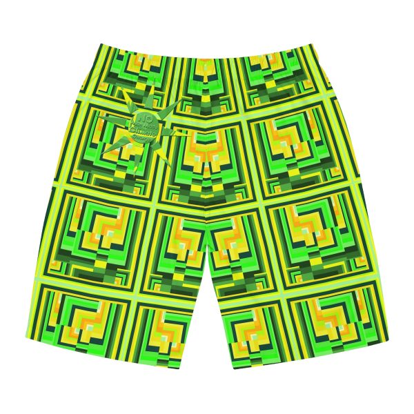 Men's Board Shorts (AOP) - No Man Made Climate Change - Multi Green Geometric BG - Image 27