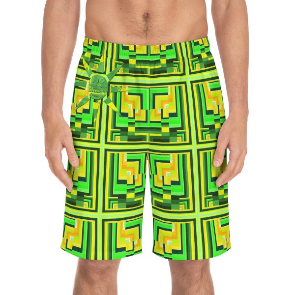 Men's Board Shorts (AOP) - No Man Made Climate Change - Multi Green Geometric BG