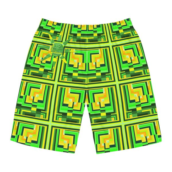 Men's Board Shorts (AOP) - No Man Made Climate Change - Multi Green Geometric BG - Image 2