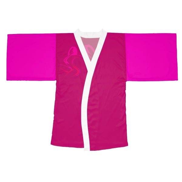 Long Sleeve Kimono Robe (AOP) - Women Are Not Costumes - Back and Front (Dark Rose Pink and Hot PInk BG) - Image 2