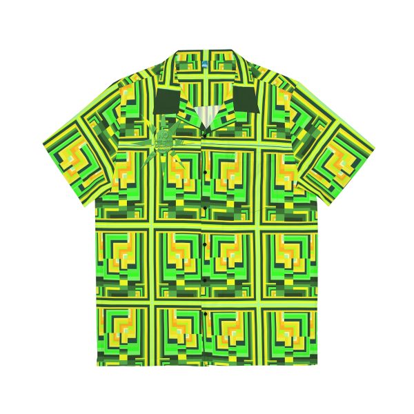 Men's Hawaiian Shirt (AOP) - No Man Made Climate Change - Multi Green Geometric BG - Image 2