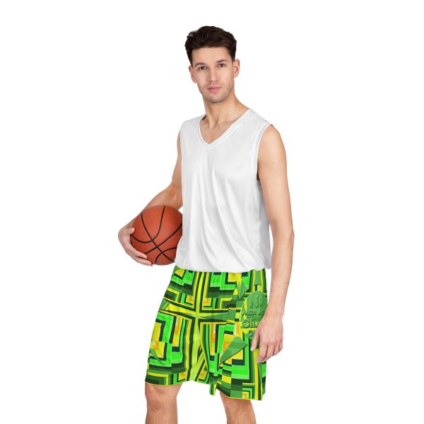 Basketball Shorts (AOP) - No Man Made Climate Change - Multi Green Geometric BG - Image 6