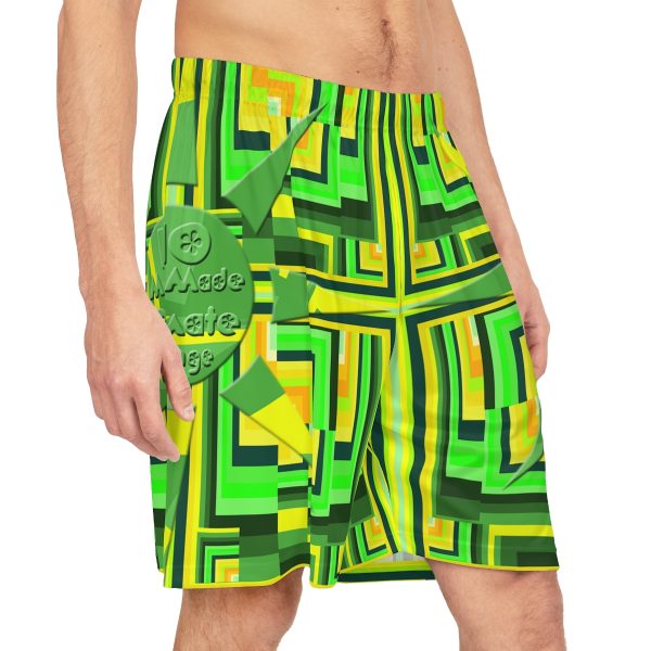 Basketball Shorts (AOP) - No Man Made Climate Change - Multi Green Geometric BG