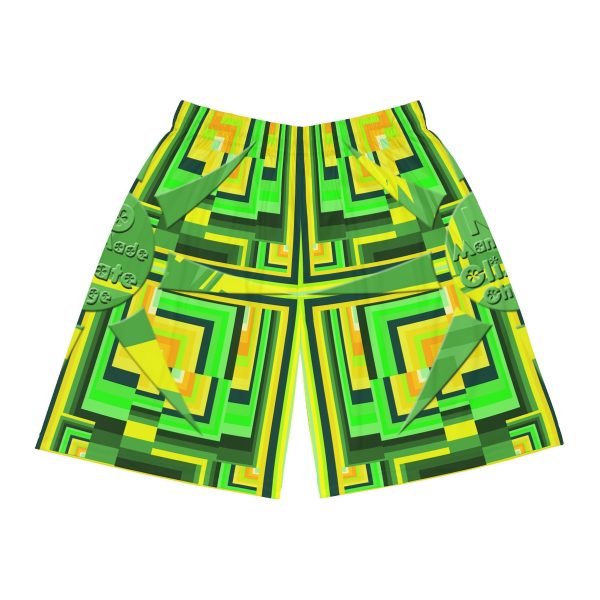 Basketball Shorts (AOP) - No Man Made Climate Change - Multi Green Geometric BG - Image 2