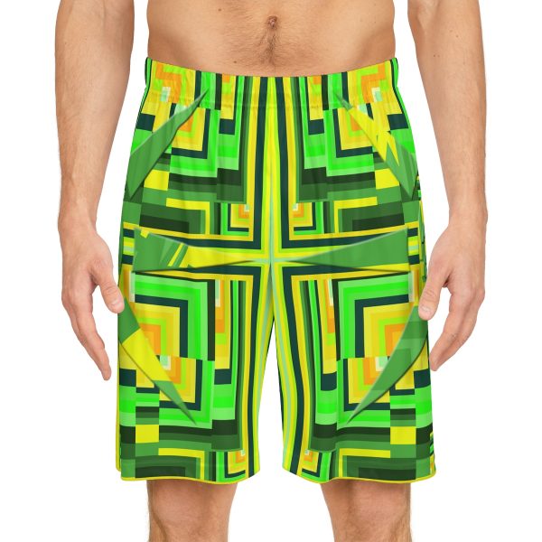 Basketball Shorts (AOP) - No Man Made Climate Change - Multi Green Geometric BG - Image 4