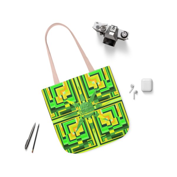 Polyester Canvas Tote Bag (AOP) - No Man Made Climate Change - Multi Green Geometric BG - Image 59
