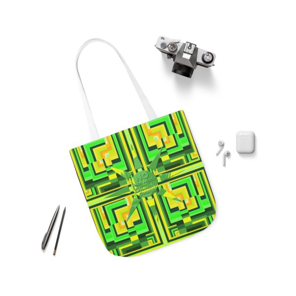 Polyester Canvas Tote Bag (AOP) - No Man Made Climate Change - Multi Green Geometric BG - Image 55