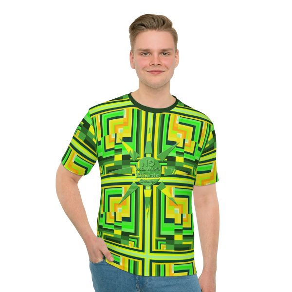 Men's Loose T-shirt (AOP) - No Man Made Climate Change - Multi Green Geometric BG - Image 4