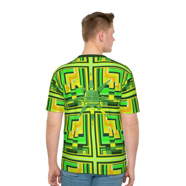 Men's Loose T-shirt (AOP) - No Man Made Climate Change - Multi Green Geometric BG - Image 5