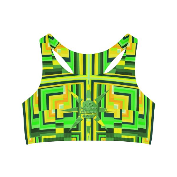 Seamless Sports Bra (AOP) - No Man Made Climate Change - Multi Green Geometric BG - Image 2