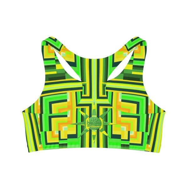 Seamless Sports Bra (AOP) - No Man Made Climate Change - Multi Green Geometric BG - Image 3