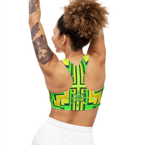 Seamless Sports Bra (AOP) - No Man Made Climate Change - Multi Green Geometric BG - Image 4