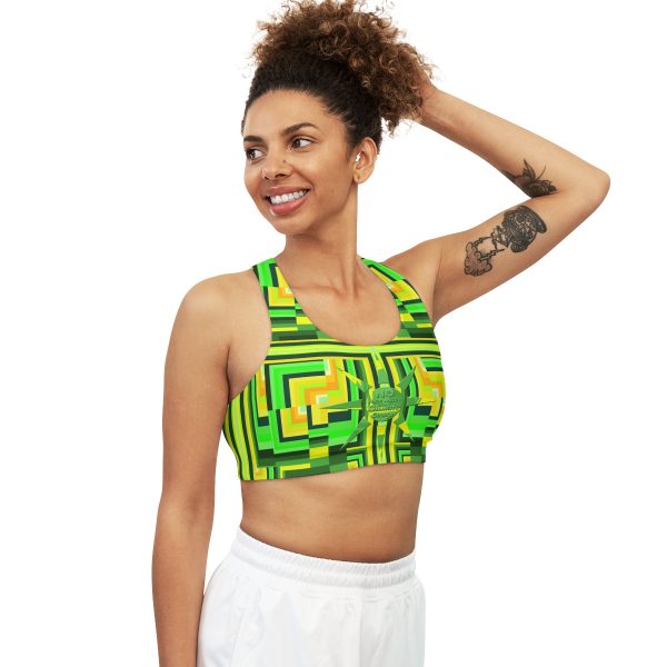Seamless Sports Bra (AOP) - No Man Made Climate Change - Multi Green Geometric BG - Image 5