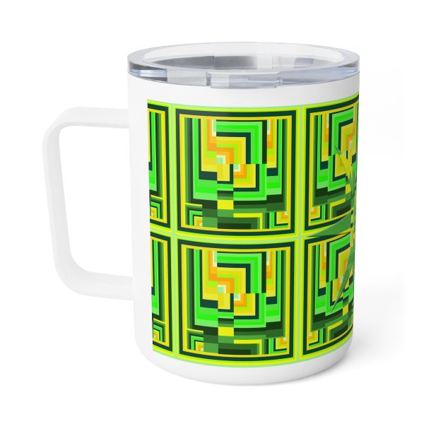 Insulated Coffee Mug, 10oz - No Man Made Climate Change - Multi Green Geometric BG - Image 4