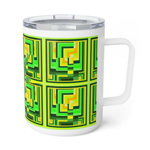 Insulated Coffee Mug, 10oz - No Man Made Climate Change - Multi Green Geometric BG - Image 5