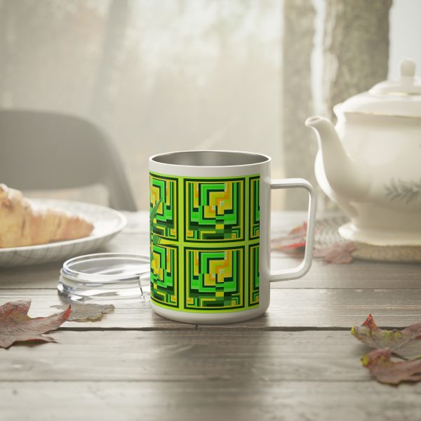 Insulated Coffee Mug, 10oz - No Man Made Climate Change - Multi Green Geometric BG - Image 6