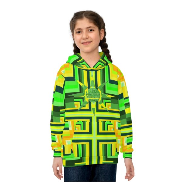 Children's Hoodie (AOP) - No Man Made Climate Change - Multi Green Geometric BG - Image 4