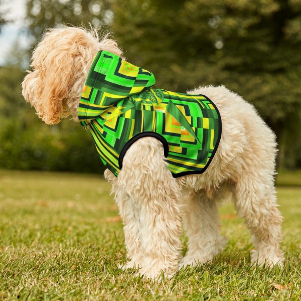 Pet Hoodie- No Man Made Climate Change - Multi Green Geometric BG - Image 9