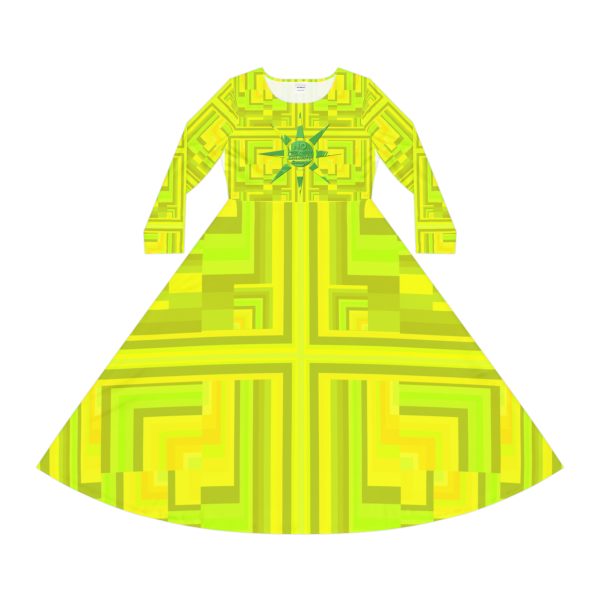 Women's Long Sleeve Dance Dress (AOP) - No Man Made Climate Change - Faded Yellow Geometric BG - Image 2