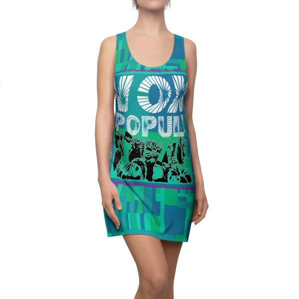 Women's Cut & Sew Racerback Dress (AOP) - VOX POPULI square pink trim Logo - Multi Turquoise BG