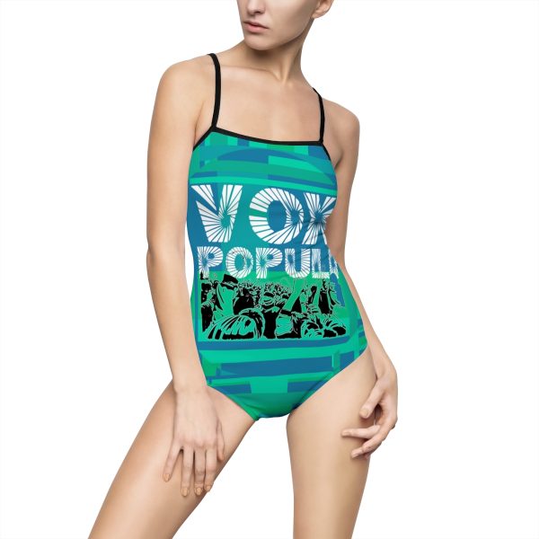 Women's One-piece Swimsuit (AOP) - VOX POPULI Round Logo - Multi Turquoise BG