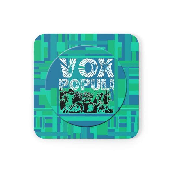 Cork Back Coaster - VOX POPULI Round Logo - Multi Turquoise BG - Image 2