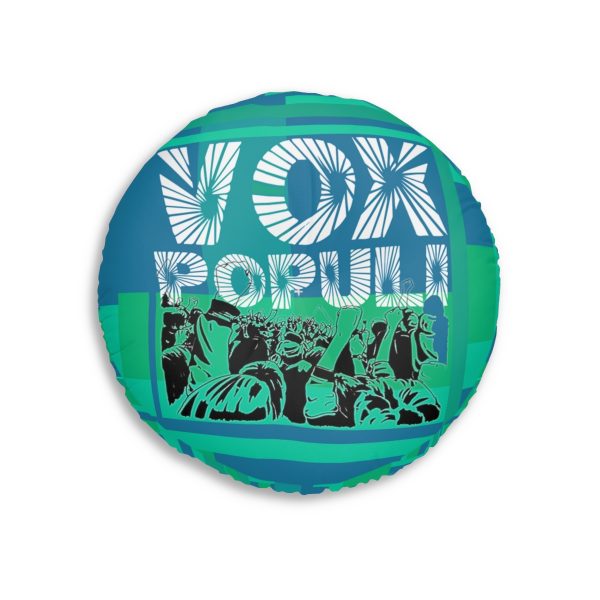 Tufted Floor Pillow, Round  - VOX POPULI Round Logo - Multi Turquoise BG - Image 3