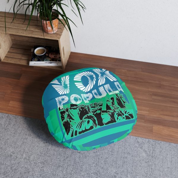 Tufted Floor Pillow, Round  - VOX POPULI Round Logo - Multi Turquoise BG - Image 4