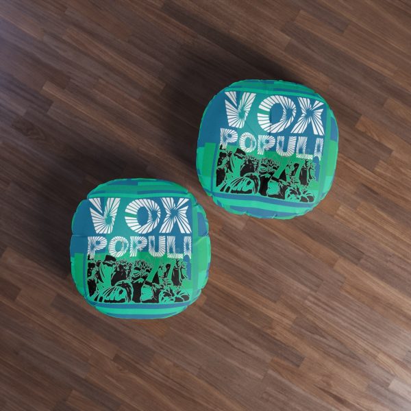 Tufted Floor Pillow, Round  - VOX POPULI Round Logo - Multi Turquoise BG