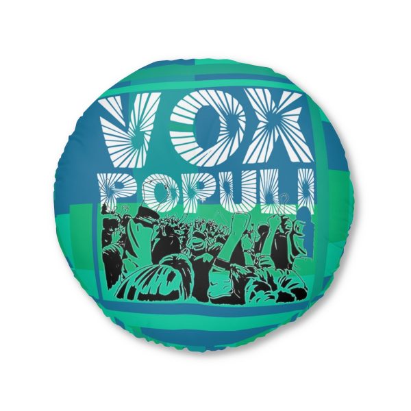 Tufted Floor Pillow, Round  - VOX POPULI Round Logo - Multi Turquoise BG - Image 5