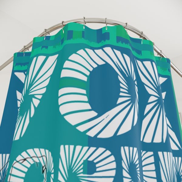 Polyester Shower Curtain - VOX POPULI Square Logo - Multi Turquoise BG - Image 3